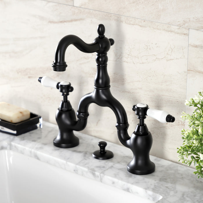 Kingston Heirloom KS7970BPL - Bel-Air Two-Handle 3-Hole Deck Mount Bridge Bathroom Faucet with Brass Pop-Up, Matte Black