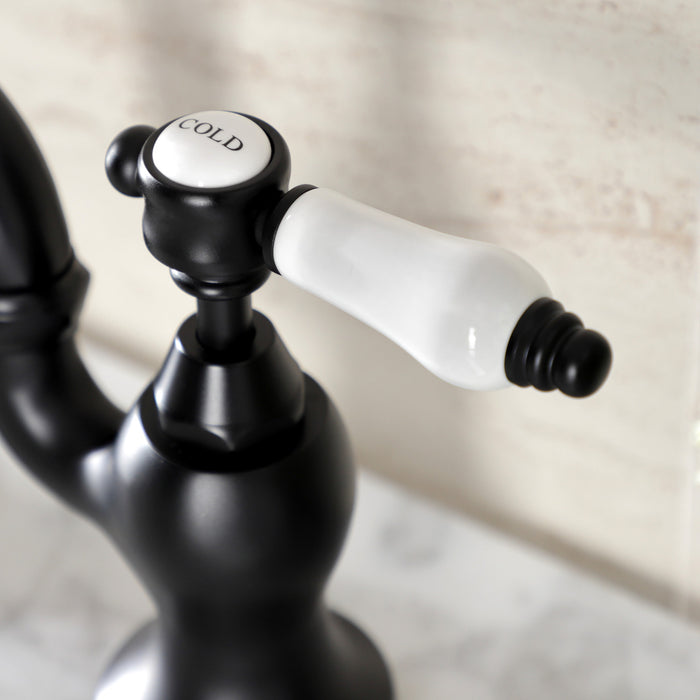 Kingston Heirloom KS7970BPL - Bel-Air Two-Handle 3-Hole Deck Mount Bridge Bathroom Faucet with Brass Pop-Up, Matte Black