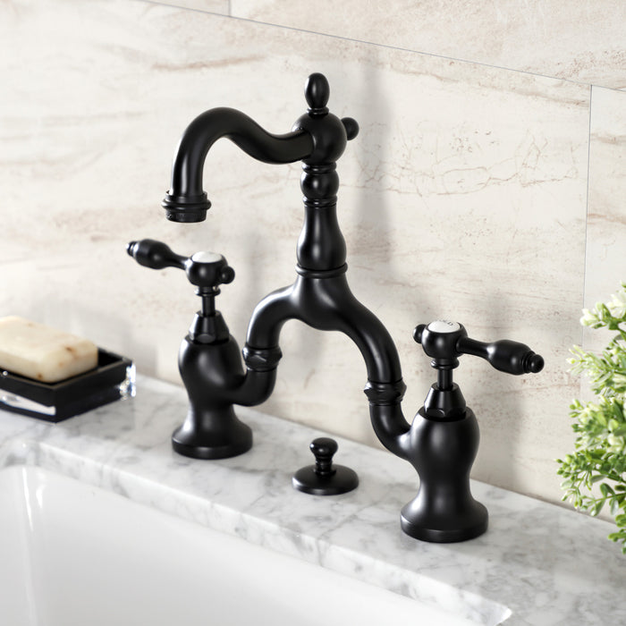 Kingston Heirloom KS7970TAL - Tudor Two-Handle 3-Hole Deck Mount Bridge Bathroom Faucet with Brass Pop-Up, Matte Black