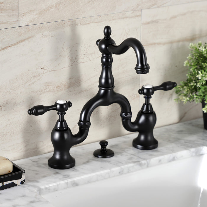 Kingston Heirloom KS7970TAL - Tudor Two-Handle 3-Hole Deck Mount Bridge Bathroom Faucet with Brass Pop-Up, Matte Black