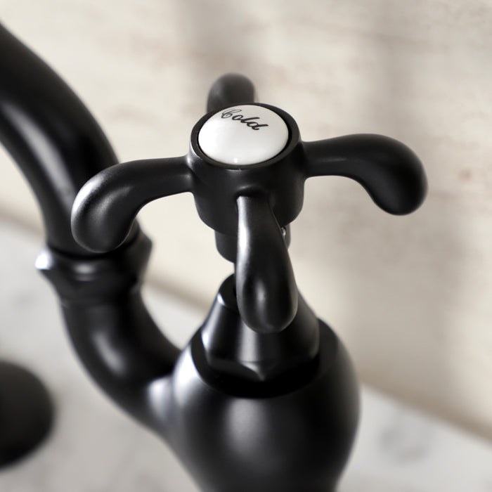 Kingston Heirloom KS7970TX - French Country Two-Handle 3-Hole Deck Mount Bridge Bathroom Faucet with Brass Pop-Up, Matte Black
