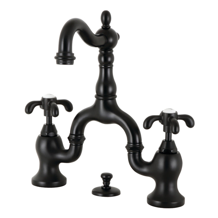 Kingston Heirloom KS7970TX - French Country Two-Handle 3-Hole Deck Mount Bridge Bathroom Faucet with Brass Pop-Up, Matte Black