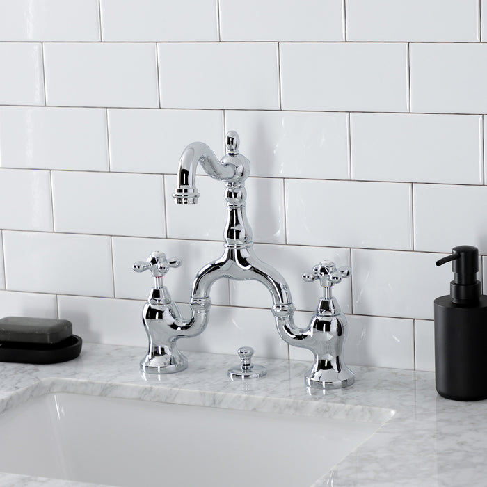 Kingston Heirloom KS7971AX - English Country Two-Handle 3-Hole Deck Mount Bridge Bathroom Faucet with Brass Pop-Up, Polished Chrome
