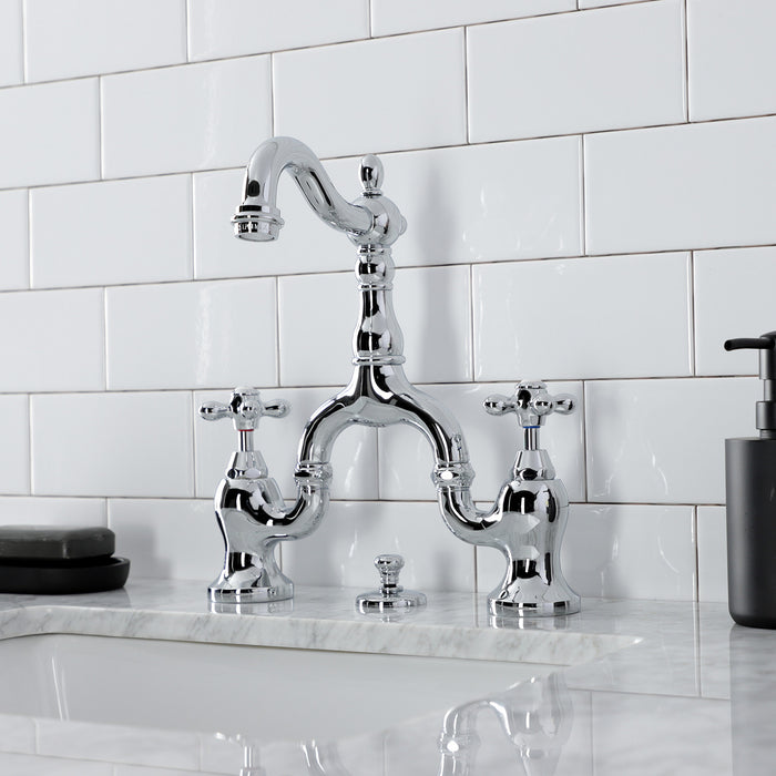 Kingston Heirloom KS7971AX - English Country Two-Handle 3-Hole Deck Mount Bridge Bathroom Faucet with Brass Pop-Up, Polished Chrome