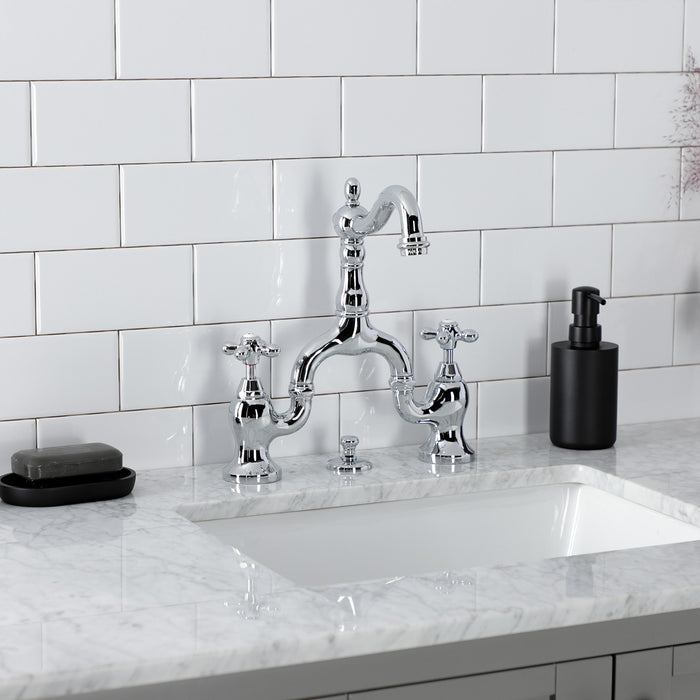 Kingston Heirloom KS7971AX - English Country Two-Handle 3-Hole Deck Mount Bridge Bathroom Faucet with Brass Pop-Up, Polished Chrome