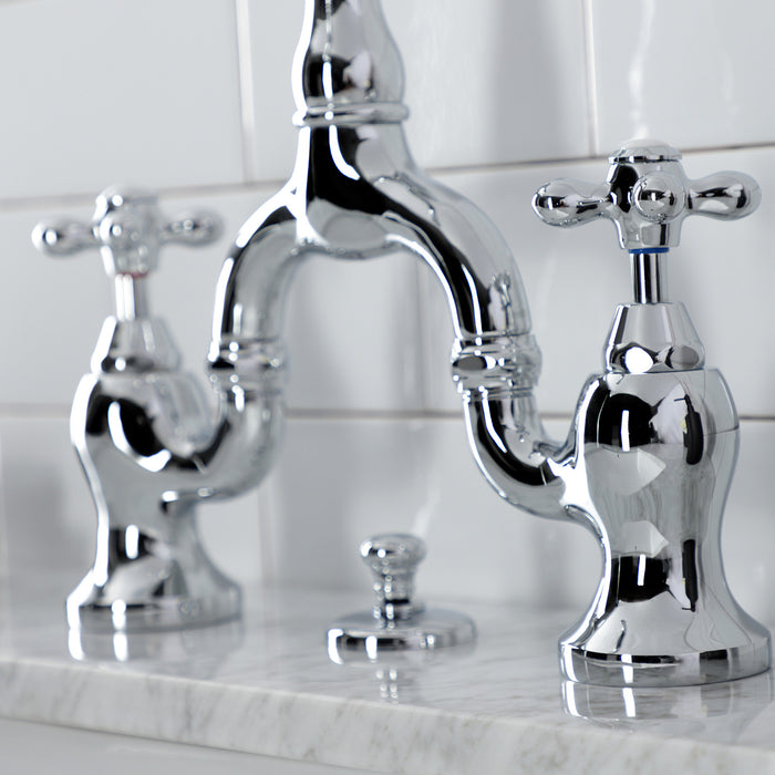 Kingston Heirloom KS7971AX - English Country Two-Handle 3-Hole Deck Mount Bridge Bathroom Faucet with Brass Pop-Up, Polished Chrome