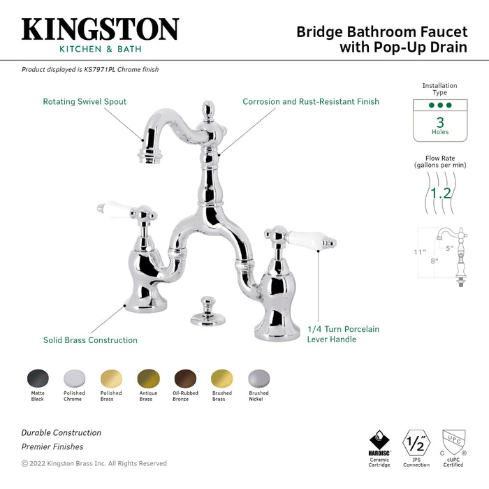 Kingston Heirloom KS7971PL - English Country Two-Handle 3-Hole Deck Mount Bridge Bathroom Faucet with Brass Pop-Up, Polished Chrome