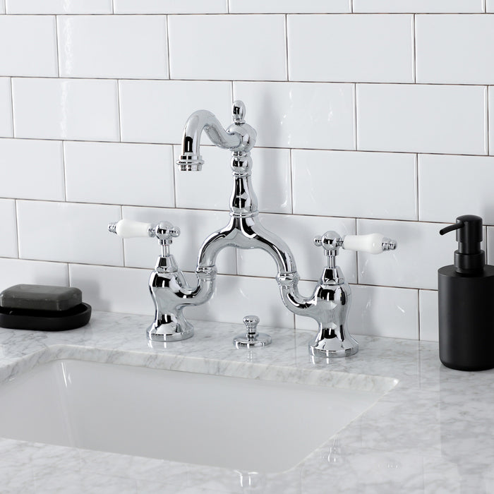 Kingston Heirloom KS7971PL - English Country Two-Handle 3-Hole Deck Mount Bridge Bathroom Faucet with Brass Pop-Up, Polished Chrome