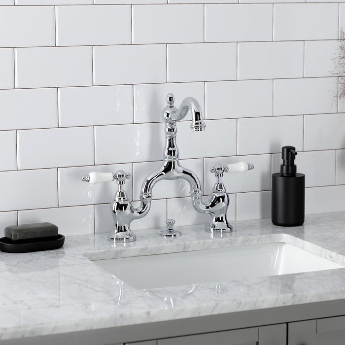 Kingston Heirloom KS7971PL - English Country Two-Handle 3-Hole Deck Mount Bridge Bathroom Faucet with Brass Pop-Up, Polished Chrome