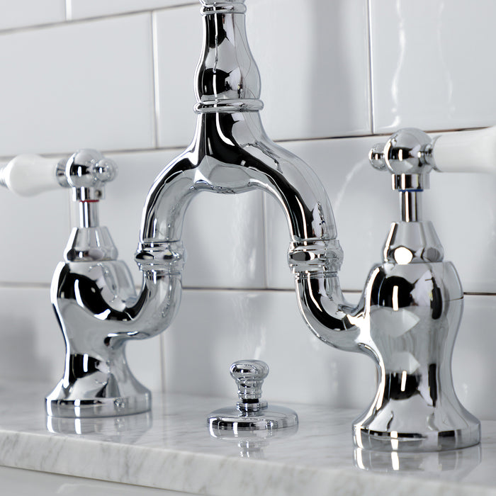 Kingston Heirloom KS7971PL - English Country Two-Handle 3-Hole Deck Mount Bridge Bathroom Faucet with Brass Pop-Up, Polished Chrome