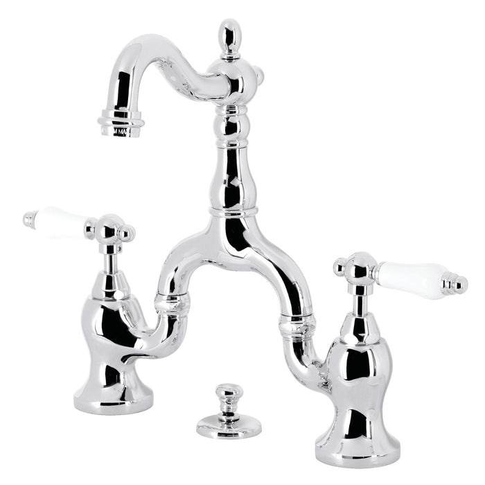 Kingston Heirloom KS7971PL - English Country Two-Handle 3-Hole Deck Mount Bridge Bathroom Faucet with Brass Pop-Up, Polished Chrome