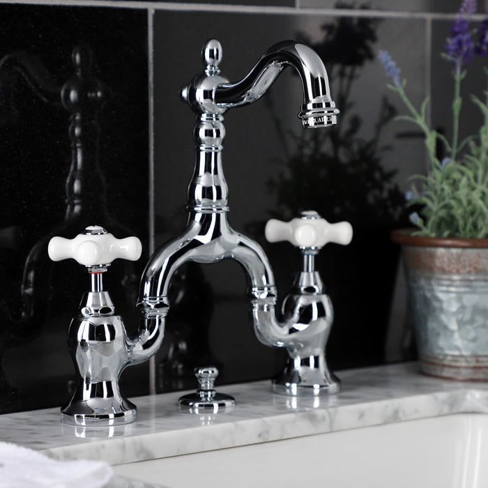 Kingston Heirloom KS7971PX - English Country Two-Handle 3-Hole Deck Mount Bridge Bathroom Faucet with Brass Pop-Up, Polished Chrome