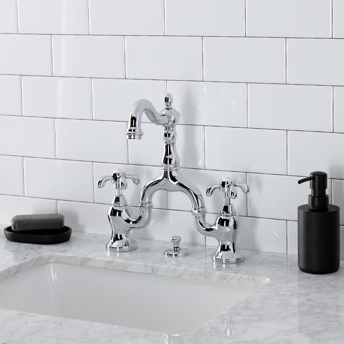 Kingston Heirloom KS7971TX - French Country Two-Handle 3-Hole Deck Mount Bridge Bathroom Faucet with Brass Pop-Up, Polished Chrome