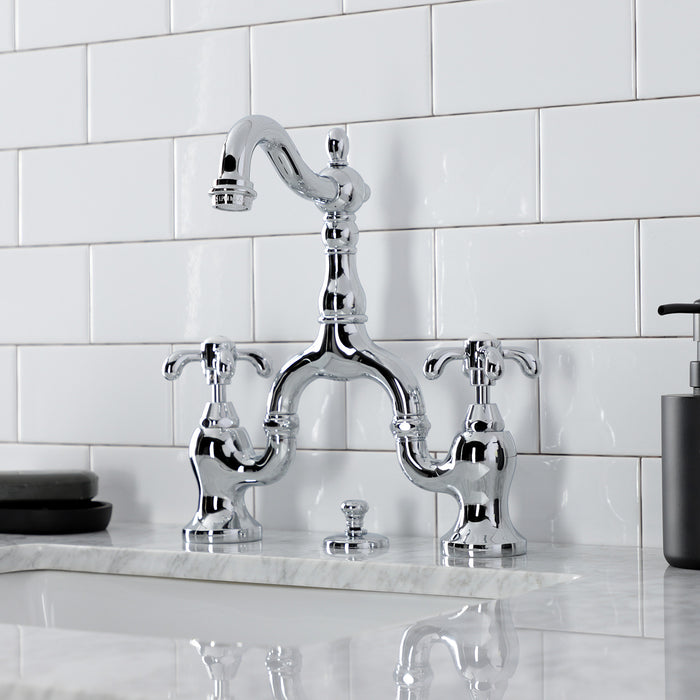 Kingston Heirloom KS7971TX - French Country Two-Handle 3-Hole Deck Mount Bridge Bathroom Faucet with Brass Pop-Up, Polished Chrome