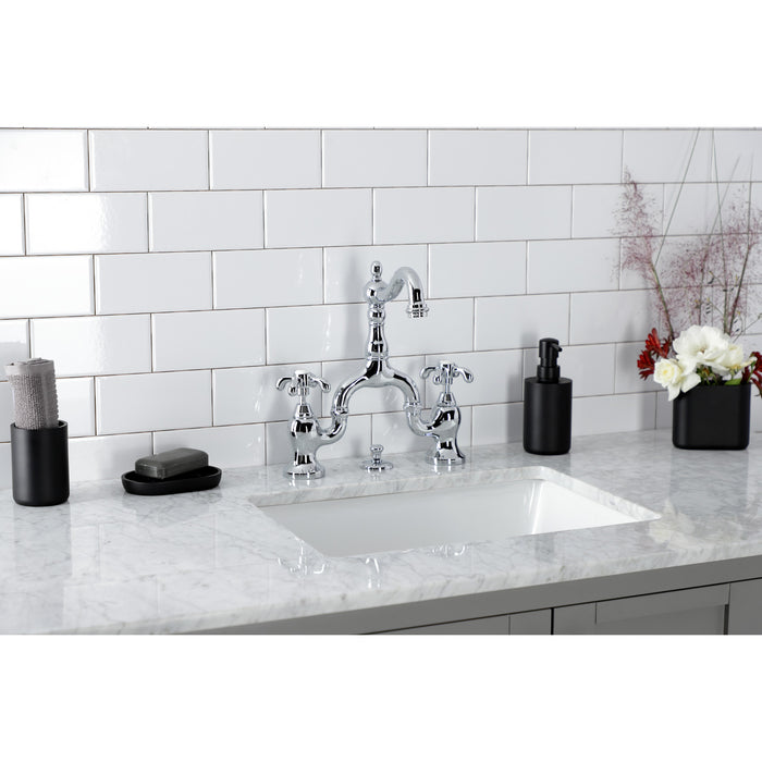 Kingston Heirloom KS7971TX - French Country Two-Handle 3-Hole Deck Mount Bridge Bathroom Faucet with Brass Pop-Up, Polished Chrome