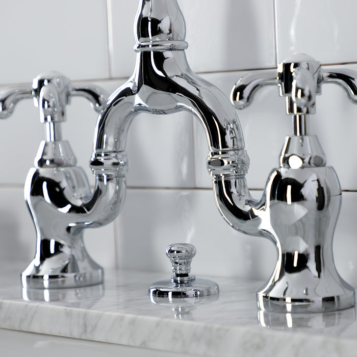 Kingston Heirloom KS7971TX - French Country Two-Handle 3-Hole Deck Mount Bridge Bathroom Faucet with Brass Pop-Up, Polished Chrome