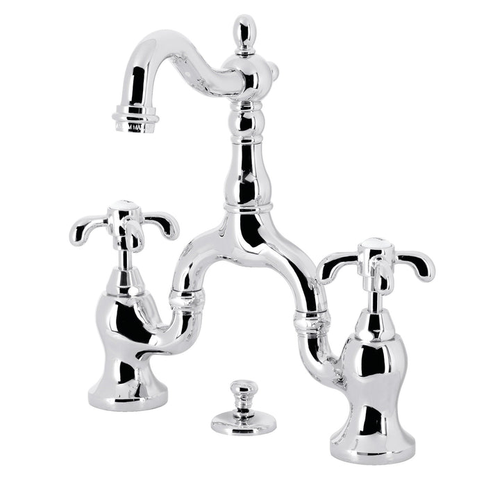 Kingston Heirloom KS7971TX - French Country Two-Handle 3-Hole Deck Mount Bridge Bathroom Faucet with Brass Pop-Up, Polished Chrome