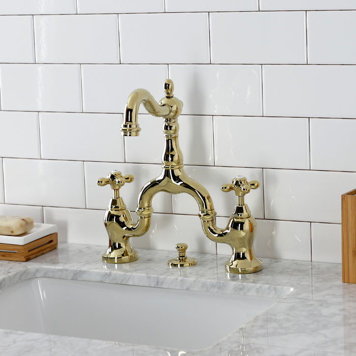 Kingston Heirloom KS7972AX - English Country Two-Handle 3-Hole Deck Mount Bridge Bathroom Faucet with Brass Pop-Up, Polished Brass