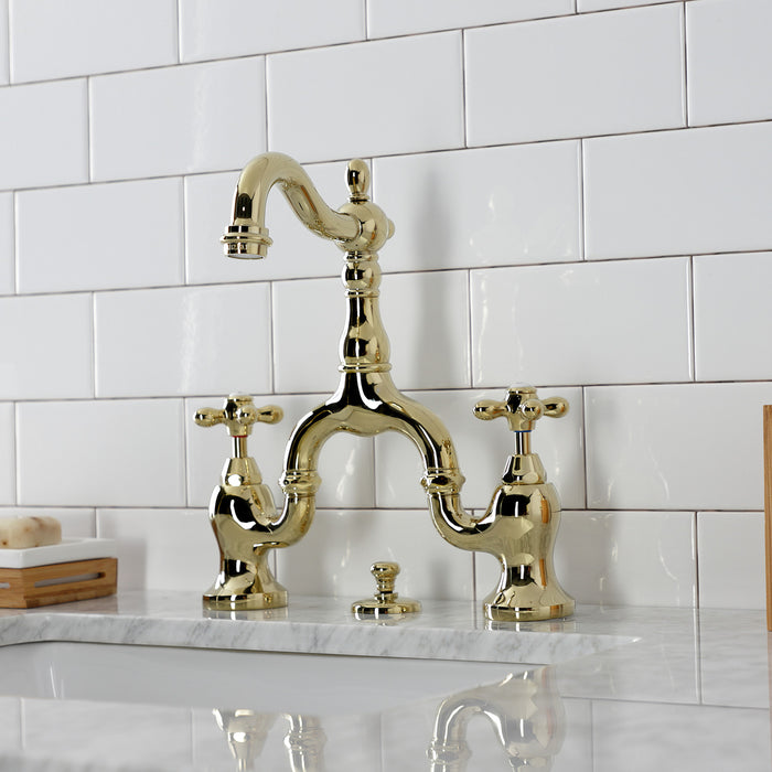 Kingston Heirloom KS7972AX - English Country Two-Handle 3-Hole Deck Mount Bridge Bathroom Faucet with Brass Pop-Up, Polished Brass