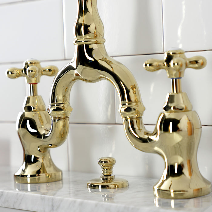 Kingston Heirloom KS7972AX - English Country Two-Handle 3-Hole Deck Mount Bridge Bathroom Faucet with Brass Pop-Up, Polished Brass