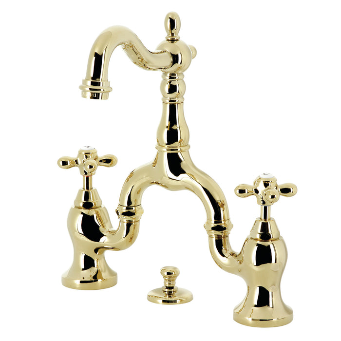 Kingston Heirloom KS7972AX - English Country Two-Handle 3-Hole Deck Mount Bridge Bathroom Faucet with Brass Pop-Up, Polished Brass