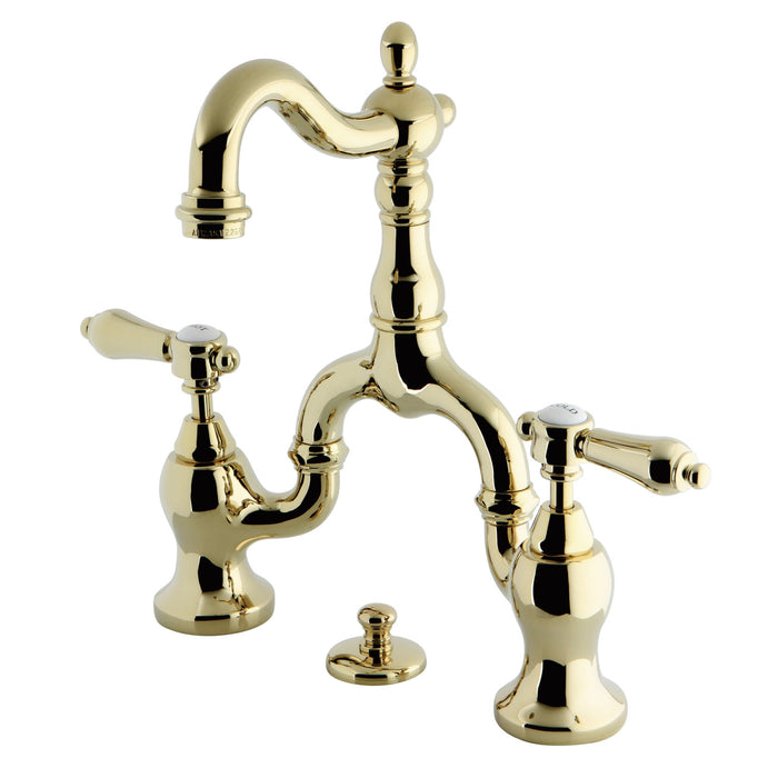 Kingston Heirloom KS7972BAL - Heirloom Two-Handle 3-Hole Deck Mount Bridge Bathroom Faucet with Brass Pop-Up, Polished Brass