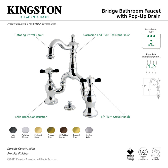 Kingston Heirloom KS7972BEX - Essex Two-Handle 3-Hole Deck Mount Bridge Bathroom Faucet with Brass Pop-Up, Polished Brass