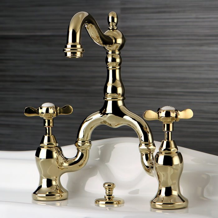 Kingston Heirloom KS7972BEX - Essex Two-Handle 3-Hole Deck Mount Bridge Bathroom Faucet with Brass Pop-Up, Polished Brass