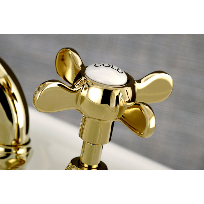 Kingston Heirloom KS7972BEX - Essex Two-Handle 3-Hole Deck Mount Bridge Bathroom Faucet with Brass Pop-Up, Polished Brass