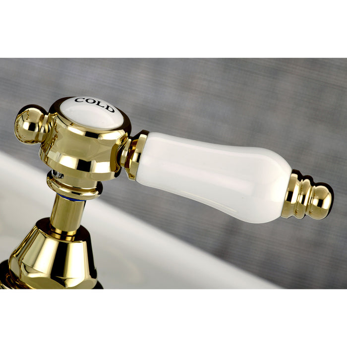 Kingston Heirloom KS7972BPL - Bel-Air Two-Handle 3-Hole Deck Mount Bridge Bathroom Faucet with Brass Pop-Up, Polished Brass