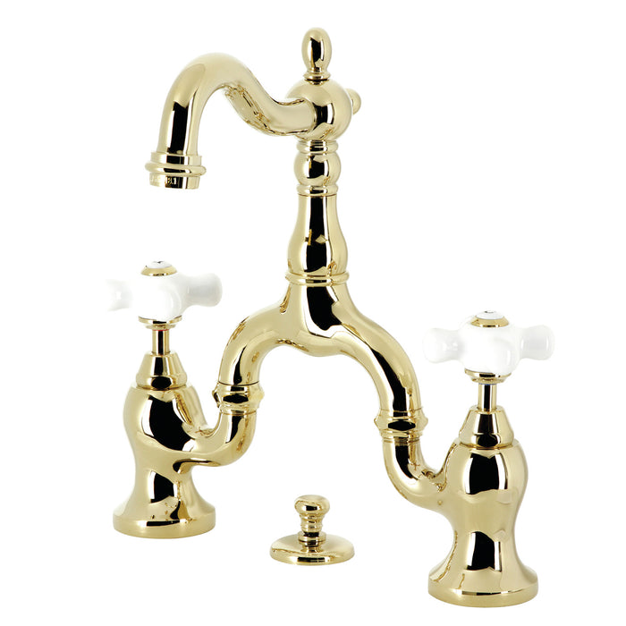 Kingston Heirloom KS7972PX - English Country Two-Handle 3-Hole Deck Mount Bridge Bathroom Faucet with Brass Pop-Up, Polished Brass