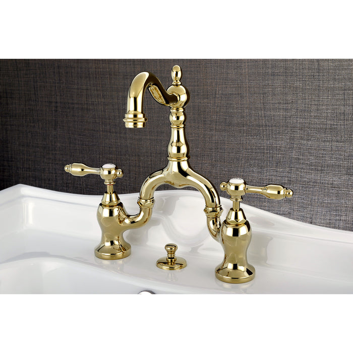 Kingston Heirloom KS7972TAL - Tudor Two-Handle 3-Hole Deck Mount Bridge Bathroom Faucet with Brass Pop-Up, Polished Brass