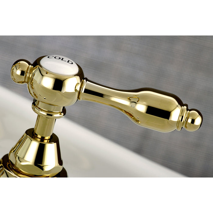 Kingston Heirloom KS7972TAL - Tudor Two-Handle 3-Hole Deck Mount Bridge Bathroom Faucet with Brass Pop-Up, Polished Brass