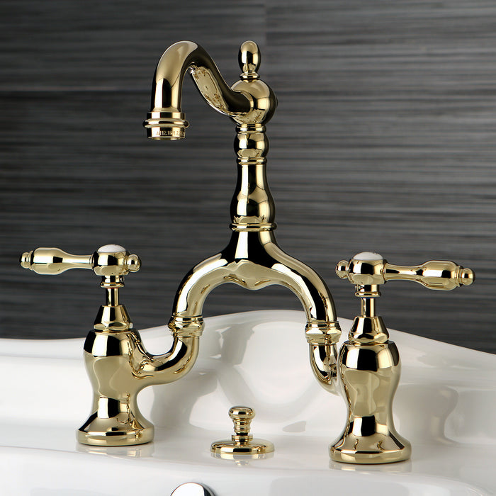 Kingston Heirloom KS7972TAL - Tudor Two-Handle 3-Hole Deck Mount Bridge Bathroom Faucet with Brass Pop-Up, Polished Brass