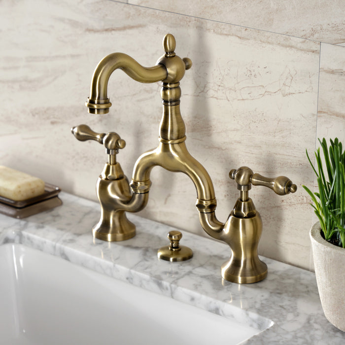 Kingston Heirloom KS7973AL - English Country Two-Handle 3-Hole Deck Mount Bridge Bathroom Faucet with Brass Pop-Up, Antique Brass