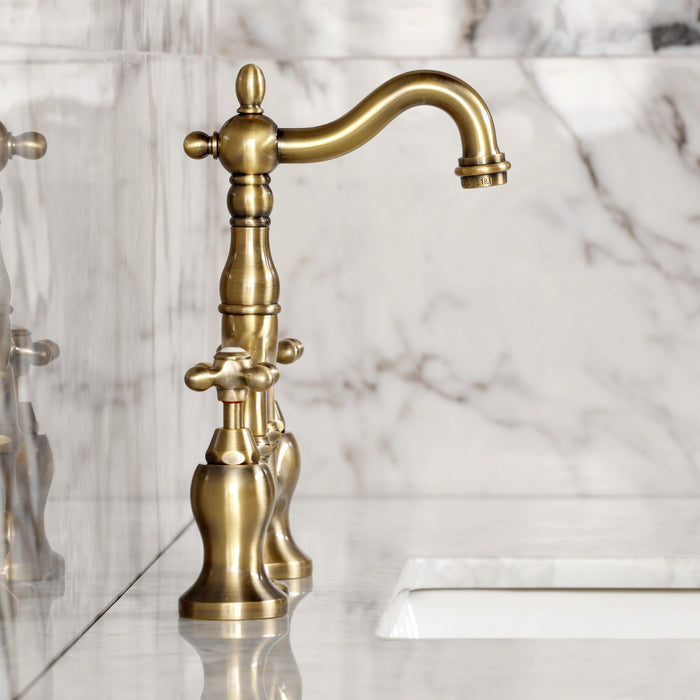 Kingston Heirloom KS7973AX - English Country Two-Handle 3-Hole Deck Mount Bridge Bathroom Faucet with Brass Pop-Up, Antique Brass