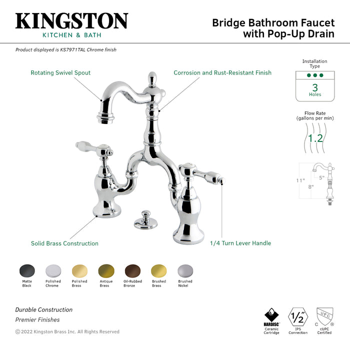Kingston Heirloom KS7973TAL - Tudor Two-Handle 3-Hole Deck Mount Bridge Bathroom Faucet with Brass Pop-Up, Antique Brass