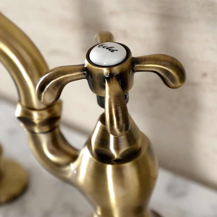 Kingston Heirloom KS7973TX - French Country Two-Handle 3-Hole Deck Mount Bridge Bathroom Faucet with Brass Pop-Up, Antique Brass