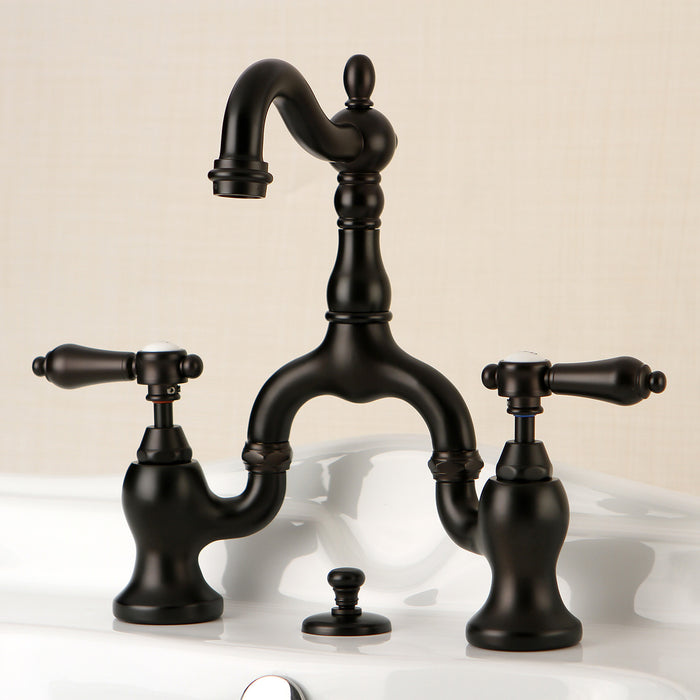 Kingston Heirloom KS7975BAL - Heirloom Two-Handle 3-Hole Deck Mount Bridge Bathroom Faucet with Brass Pop-Up, Oil Rubbed Bronze