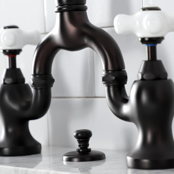 Kingston Heirloom KS7975PX - English Country Two-Handle 3-Hole Deck Mount Bridge Bathroom Faucet with Brass Pop-Up, Oil Rubbed Bronze