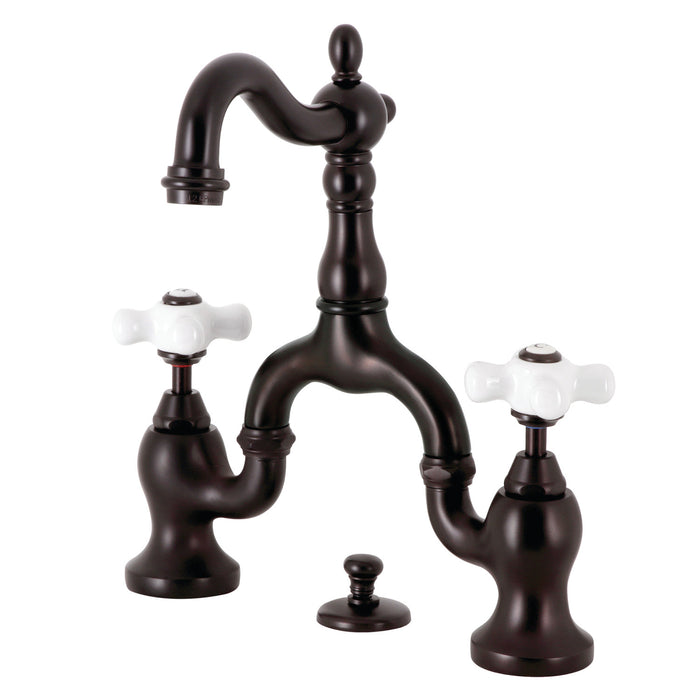 Kingston Heirloom KS7975PX - English Country Two-Handle 3-Hole Deck Mount Bridge Bathroom Faucet with Brass Pop-Up, Oil Rubbed Bronze