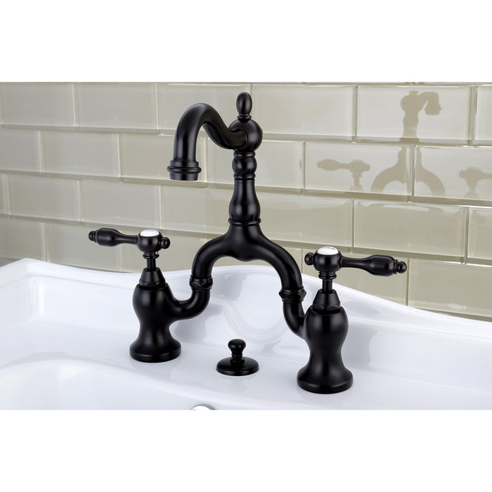 Tudor KS7975TAL Two-Handle 3-Hole Deck Mount Bridge Bathroom Faucet with Brass Pop-Up, Oil Rubbed Bronze