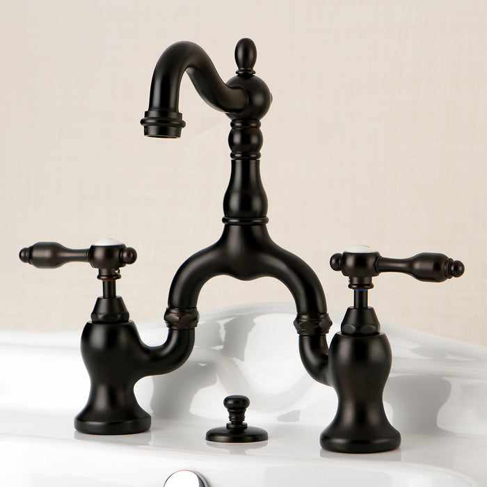 Tudor KS7975TAL Two-Handle 3-Hole Deck Mount Bridge Bathroom Faucet with Brass Pop-Up, Oil Rubbed Bronze