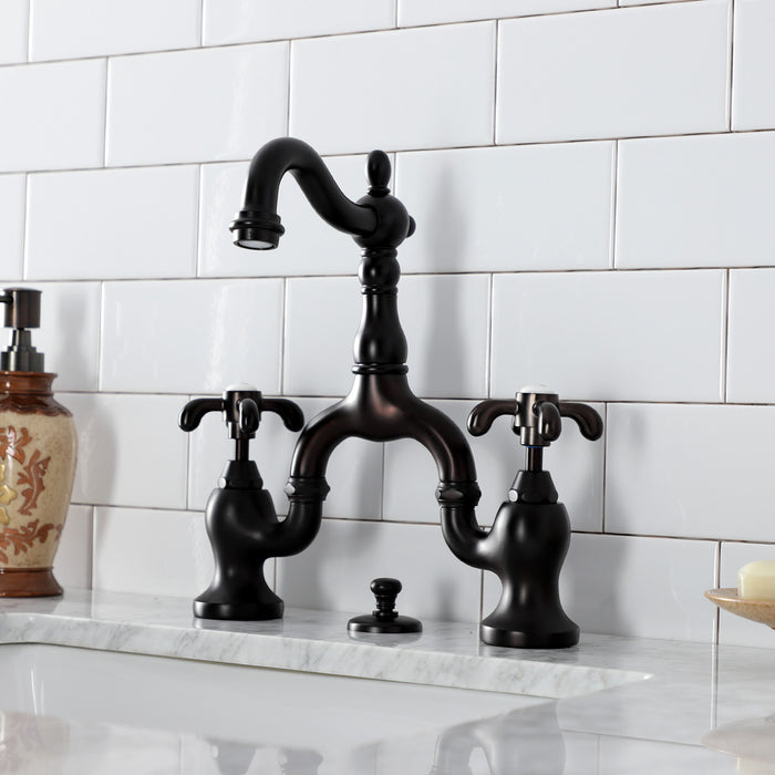 Kingston Heirloom KS7975TX - French Country Two-Handle 3-Hole Deck Mount Bridge Bathroom Faucet with Brass Pop-Up, Oil Rubbed Bronze
