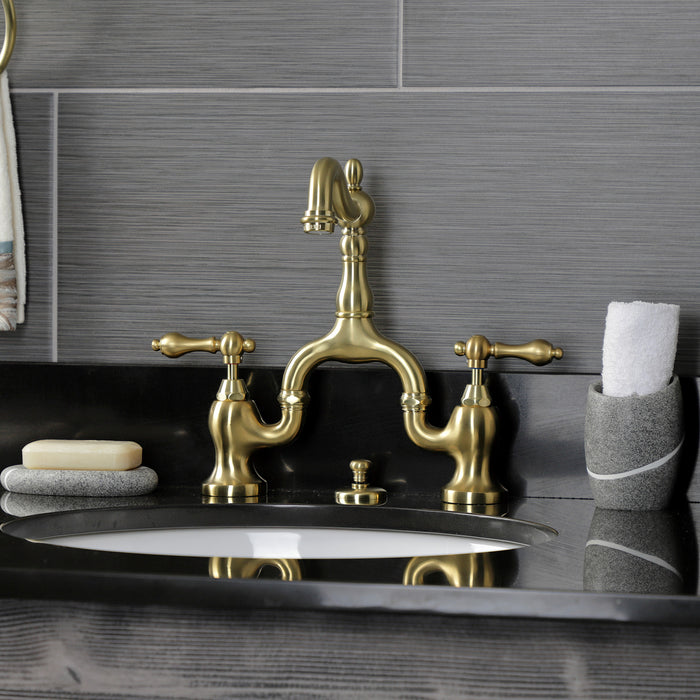 Kingston Heirloom KS7977AL - English Country Two-Handle 3-Hole Deck Mount Bridge Bathroom Faucet with Brass Pop-Up, Brushed Brass