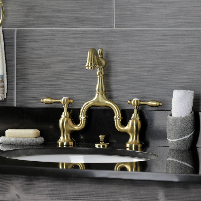 Tudor KS7977TAL Two-Handle 3-Hole Deck Mount Bridge Bathroom Faucet with Brass Pop-Up, Brushed Brass