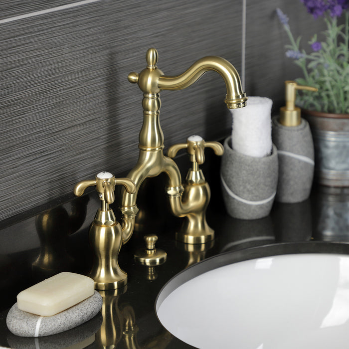Kingston Heirloom KS7977TX - French Country Two-Handle 3-Hole Deck Mount Bridge Bathroom Faucet with Brass Pop-Up, Brushed Brass
