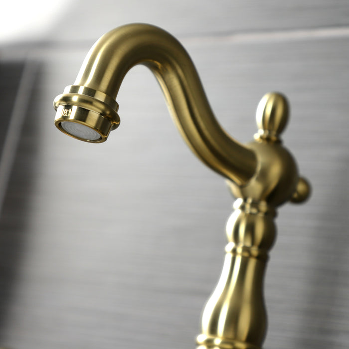Kingston Heirloom KS7977TX - French Country Two-Handle 3-Hole Deck Mount Bridge Bathroom Faucet with Brass Pop-Up, Brushed Brass