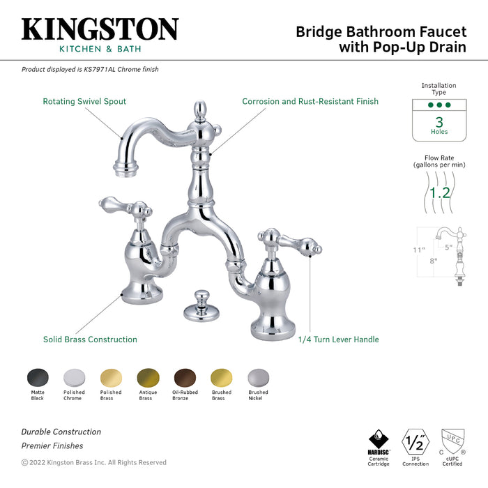 Kingston Heirloom KS7978AL - English Country Two-Handle 3-Hole Deck Mount Bridge Bathroom Faucet with Brass Pop-Up, Brushed Nickel