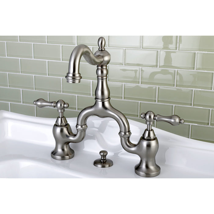 Kingston Heirloom KS7978AL - English Country Two-Handle 3-Hole Deck Mount Bridge Bathroom Faucet with Brass Pop-Up, Brushed Nickel